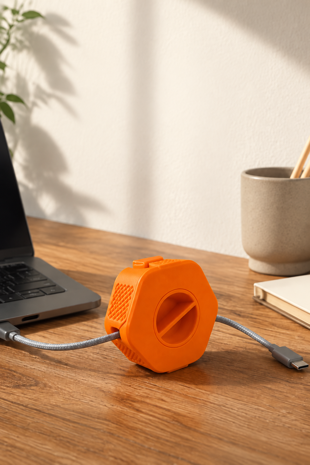 Enroulo orange sur un bureau près d’un ordinateur portable