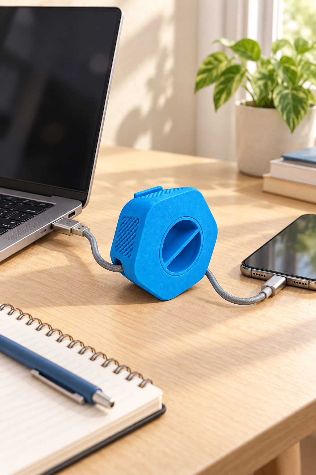 Enrouleur de câble portable Enroulo bleu sur un bureau en bois, câble tressé reliant un ordinateur portable et un smartphone