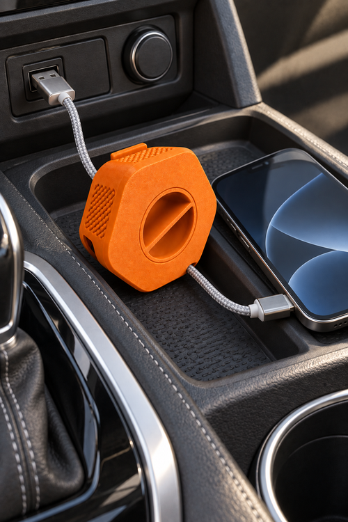 Enrouleur de câble portable Enroulo orange dans la console centrale d’une voiture, câble tressé branché sur un smartphone