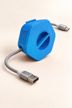 Enrouleur de câble portable Enroulo bleu avec câble tressé USB-A vers USB-C, sur fond crème — Bleu