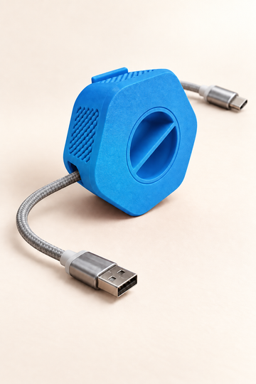 Enrouleur de câble portable Enroulo bleu avec câble tressé USB-A vers USB-C, sur fond crème — Bleu