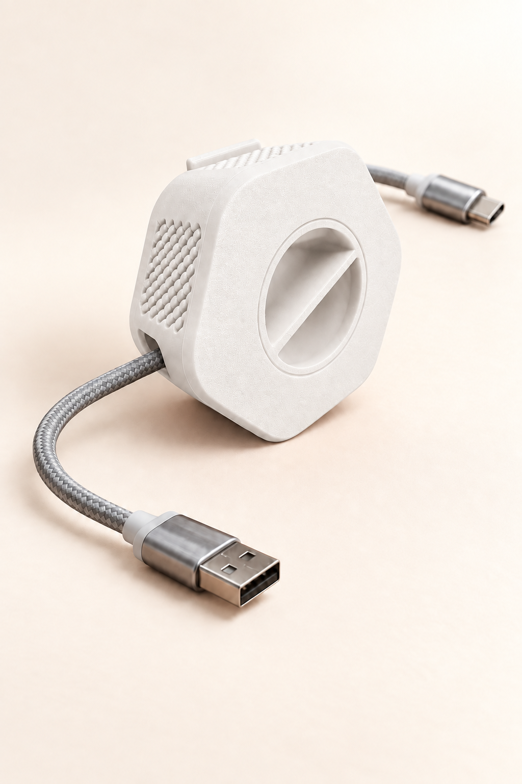 Enrouleur de câble portable Enroulo blanc avec câble tressé USB-A vers USB-C, sur fond crème