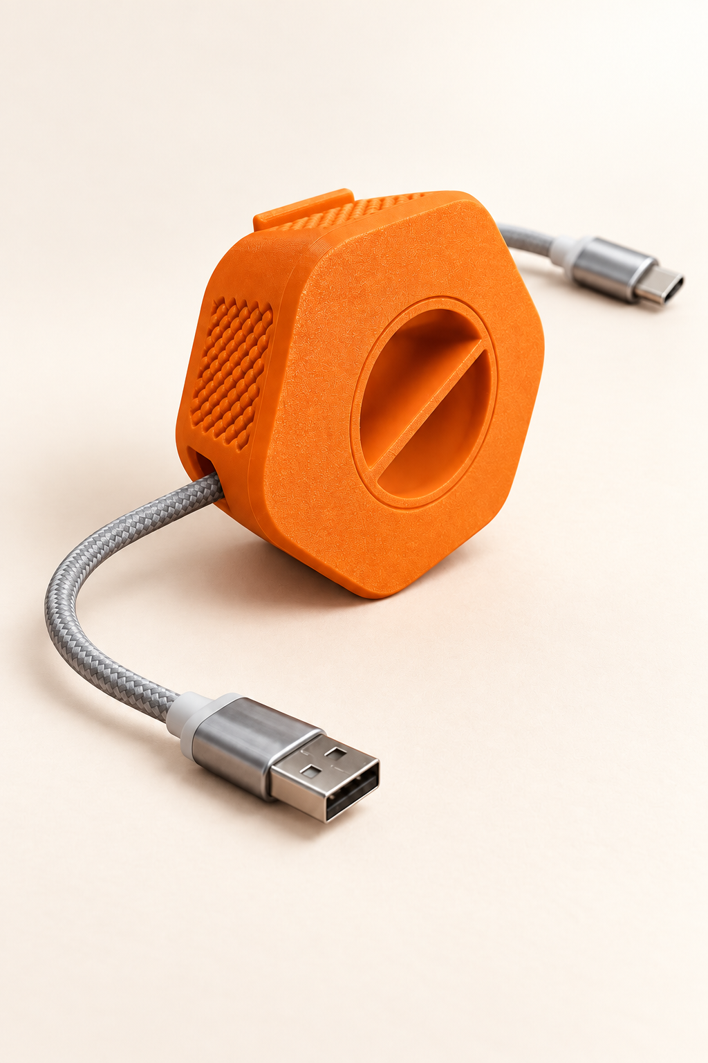 Enrouleur de câble portable Enroulo orange avec câble tressé USB-A vers USB-C, sur fond crème