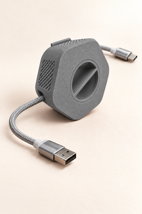 Enrouleur de câble portable Enroulo gris avec câble tressé USB-A vers USB-C, sur fond crème — Gris
