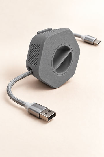 Enrouleur de câble portable Enroulo gris avec câble tressé USB-A vers USB-C, sur fond crème — Gris