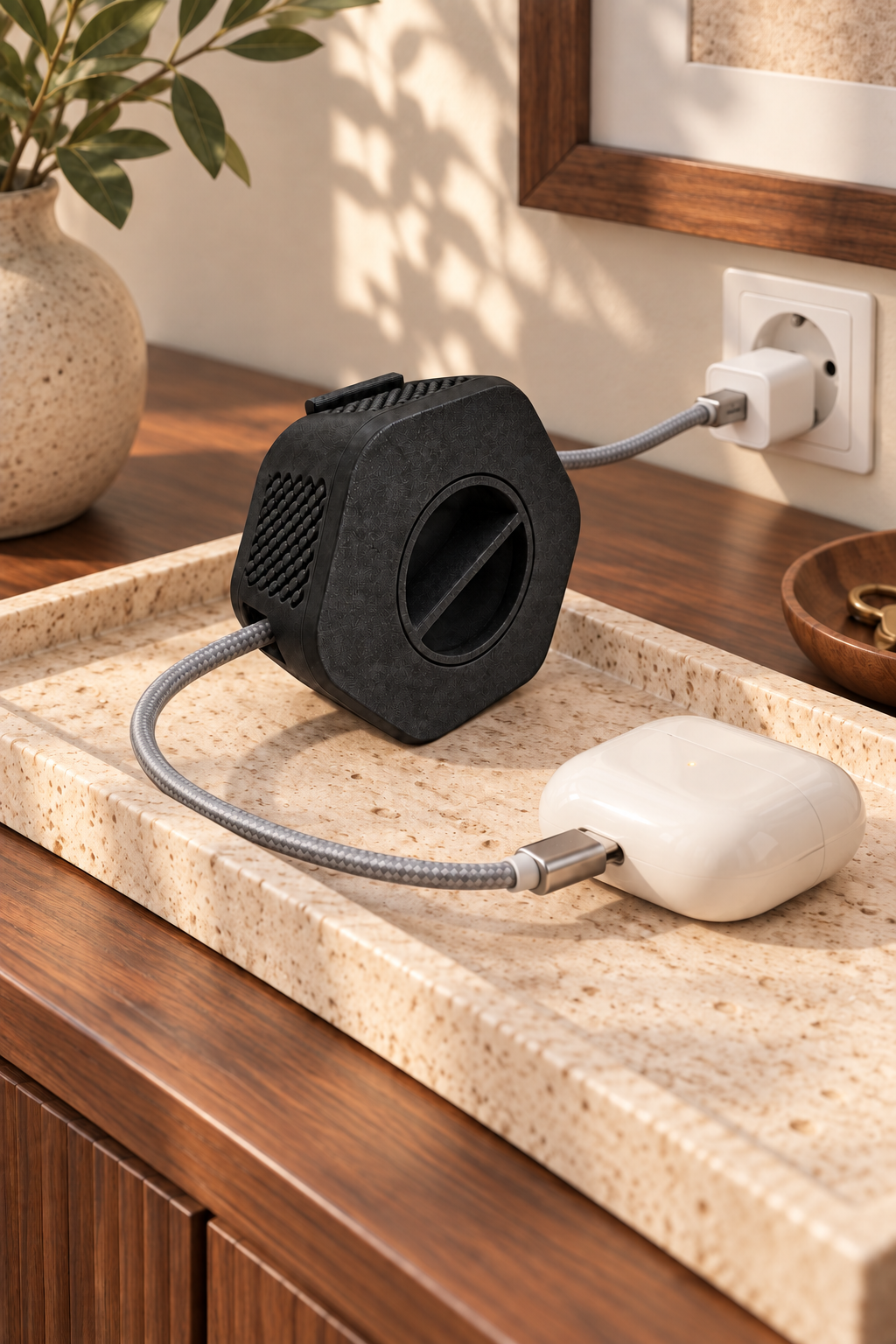 Enrouleur de câble portable Enroulo noir sur un plateau dans une entrée, câble tressé branché sur un chargeur et des écouteurs sans fil